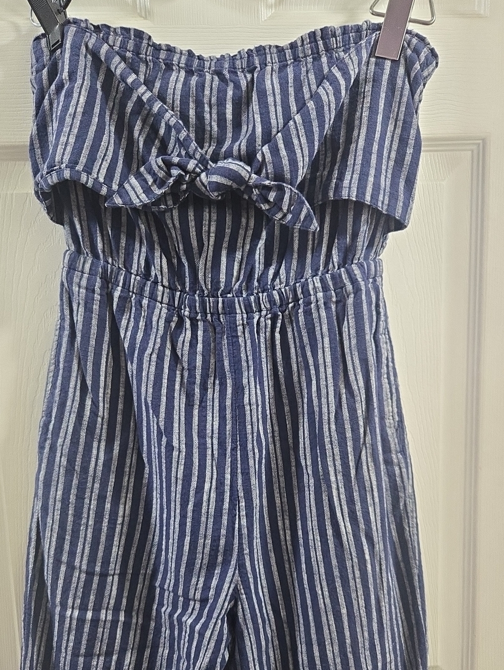 aerie Navy & White Striped Strapless Jumpsuit with Front Tie